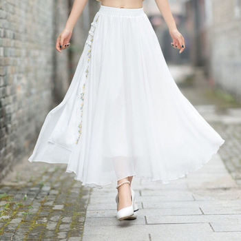 Hanfu midi suknja s vezom, cvjetni gumbi, šifon, umjetnički retro stil