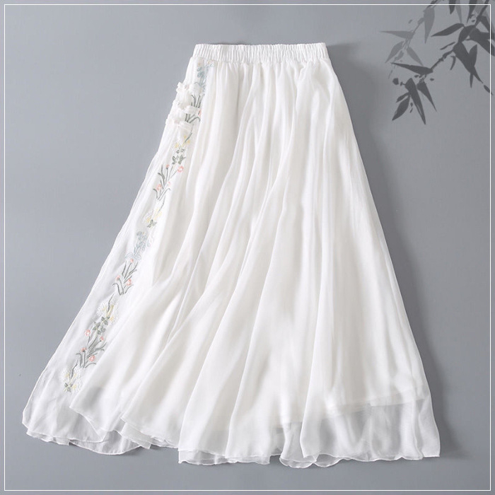 Hanfu midi suknja s vezom, cvjetni gumbi, šifon, umjetnički retro stil