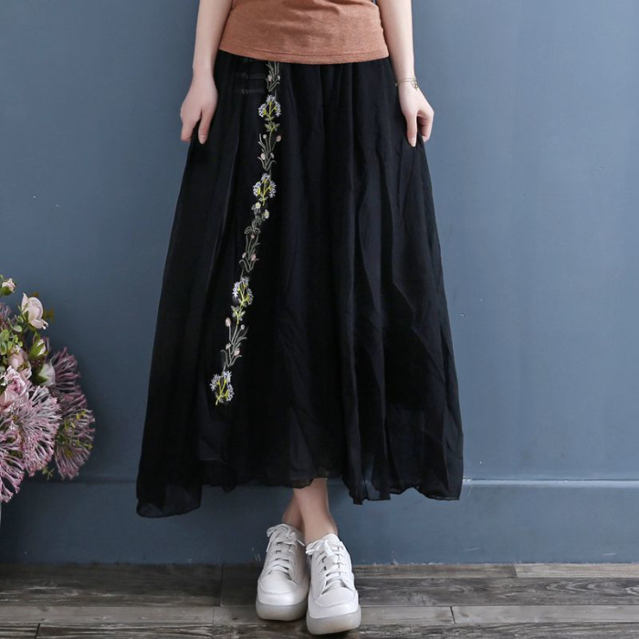 Hanfu midi suknja s vezom, cvjetni gumbi, šifon, umjetnički retro stil