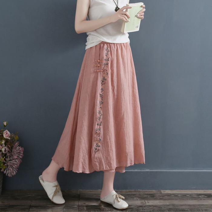 Hanfu midi suknja s vezom, cvjetni gumbi, šifon, umjetnički retro stil
