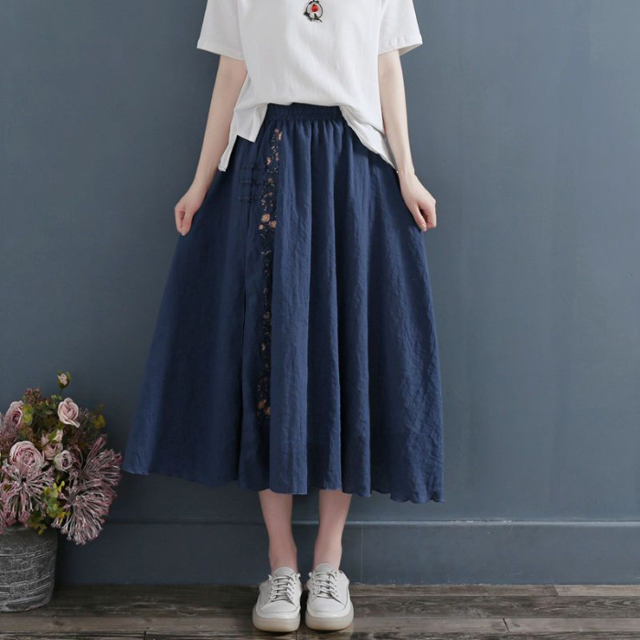 Hanfu midi suknja s vezom, cvjetni gumbi, šifon, umjetnički retro stil