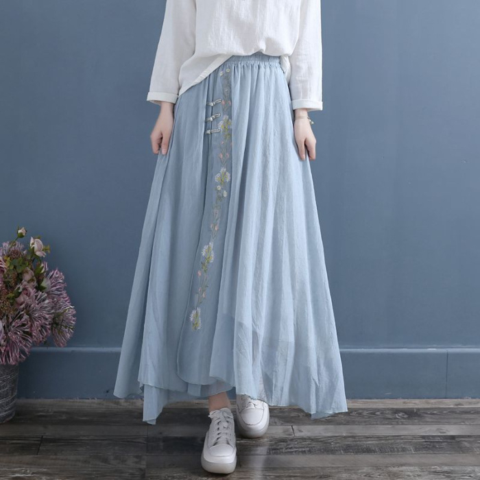 Hanfu midi suknja s vezom, cvjetni gumbi, šifon, umjetnički retro stil