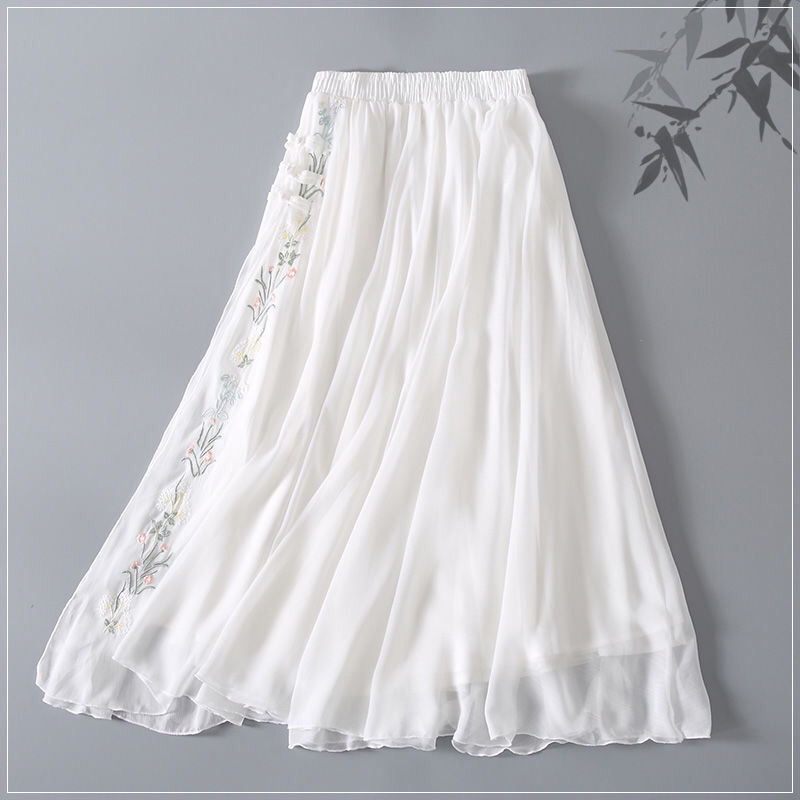 Hanfu midi suknja s vezom, cvjetni gumbi, šifon, umjetnički retro stil