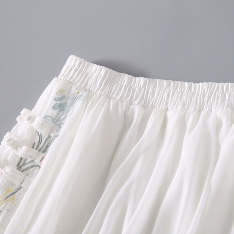 Hanfu midi suknja s vezom, cvjetni gumbi, šifon, umjetnički retro stil