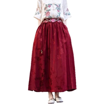 Satenova suknja s jacquardom, A‑linije midi duljine, elastičan pojas, etnički stil