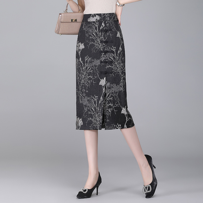 S visokim strukom, cvjetna midi suknja s jacquard izvezom, palatski stil, jesen-zima