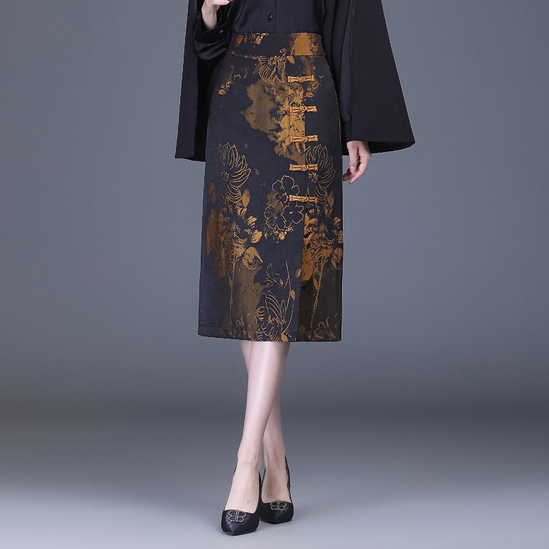 S visokim strukom, cvjetna midi suknja s jacquard izvezom, palatski stil, jesen-zima