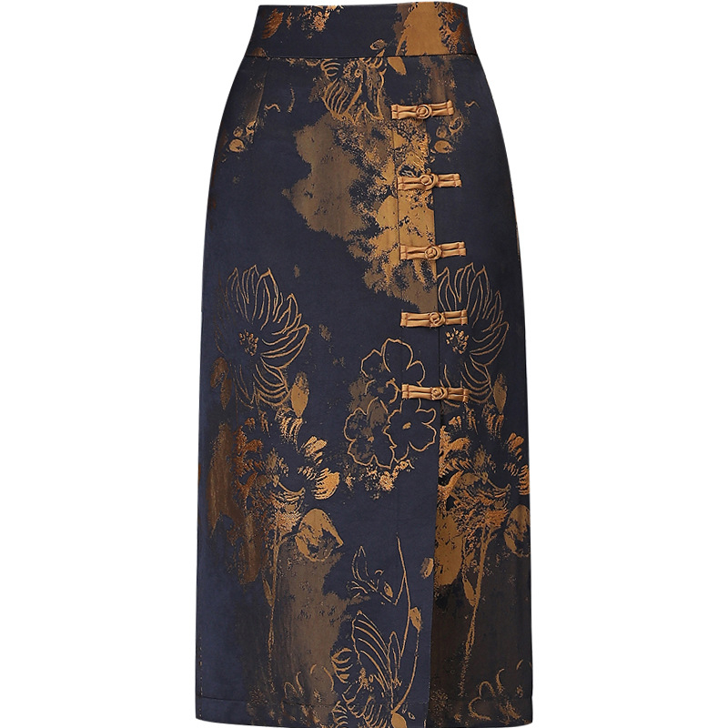 S visokim strukom, cvjetna midi suknja s jacquard izvezom, palatski stil, jesen-zima