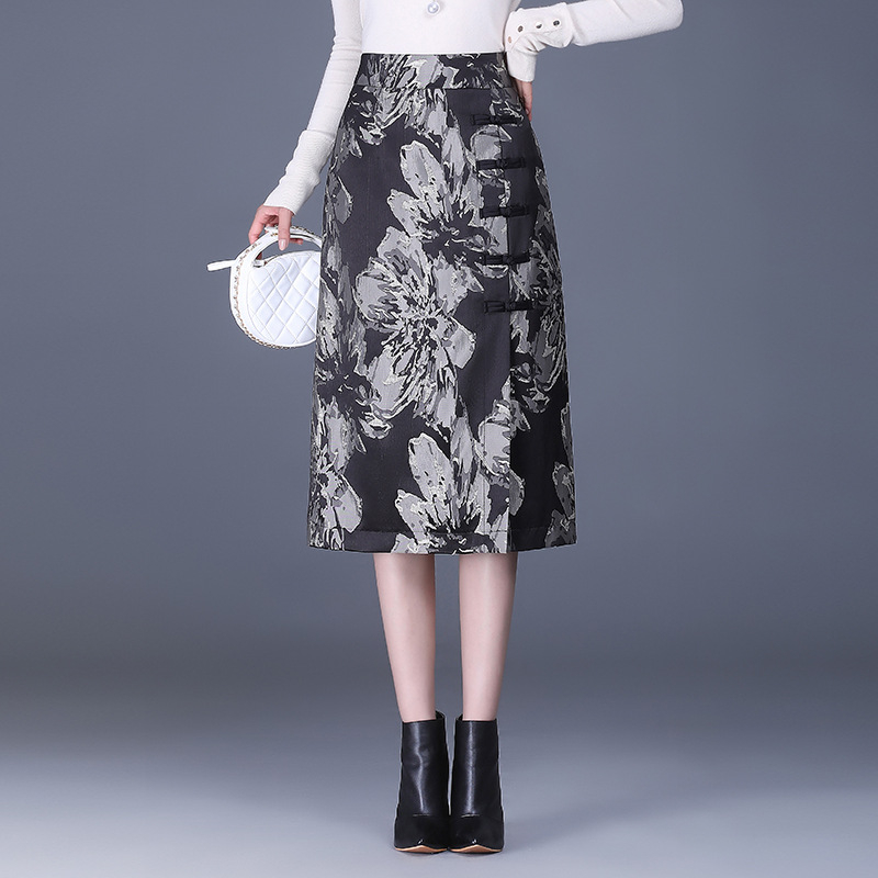 S visokim strukom, cvjetna midi suknja s jacquard izvezom, palatski stil, jesen-zima