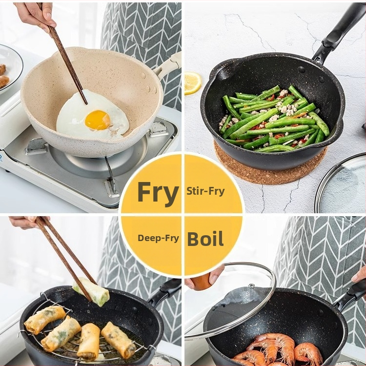 Neprilnavý wok s Maifanovým kameňom, malý rozmer, ploché dno, na smaženie a restovanie, vhodný pre plynovú platňu a indukciu