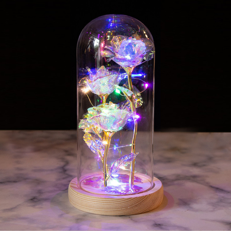 Три лазерно гравирани вечни рози в стъклен купол, светещи, декоративен подарък за Деня на учителя и Деня на майката