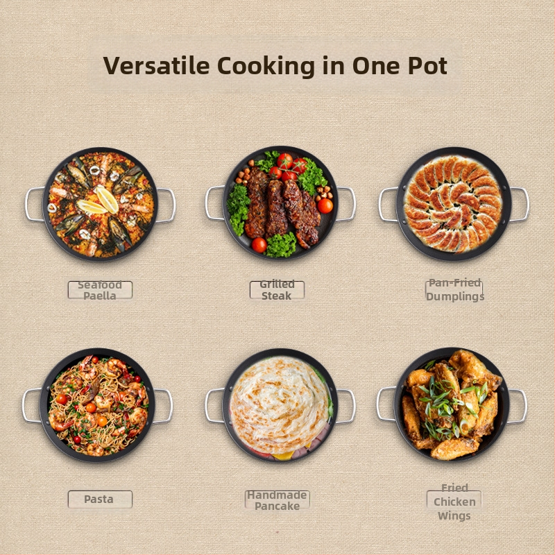 Lishun Španielska paella pan, nerezová oceľ, nepriľnavá, dvojité uši, japonský štýl