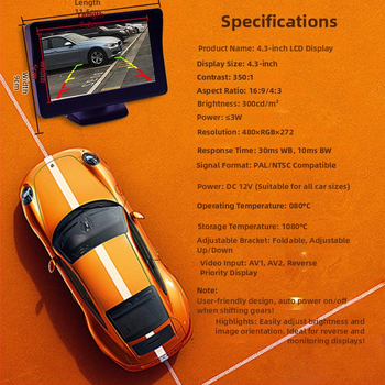 4,3-palcový automobilový monitor so dvojitým AV vstupom, záznam v reálnom čase spätných obrazov, stolný displej, asistent cúvania
