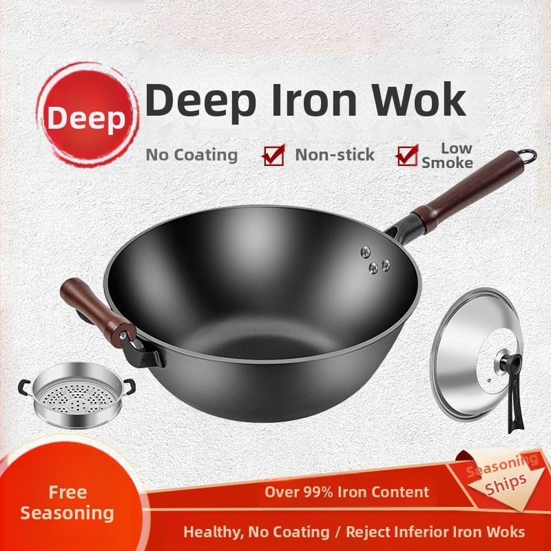 Tradičný liatinový wok s plochým dnom, hlboký a hrubý, veľký wok na domáce použitie, vhodný pre plynovú varnú dosku a indukčnú dosku.