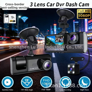 1080P trostruka automobil dash cam s prednjom, unutarnjom i stražnjom kamerom za vožnju unazad