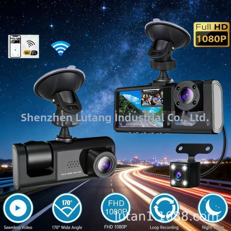 1080P trostruka automobil dash cam s prednjom, unutarnjom i stražnjom kamerom za vožnju unazad