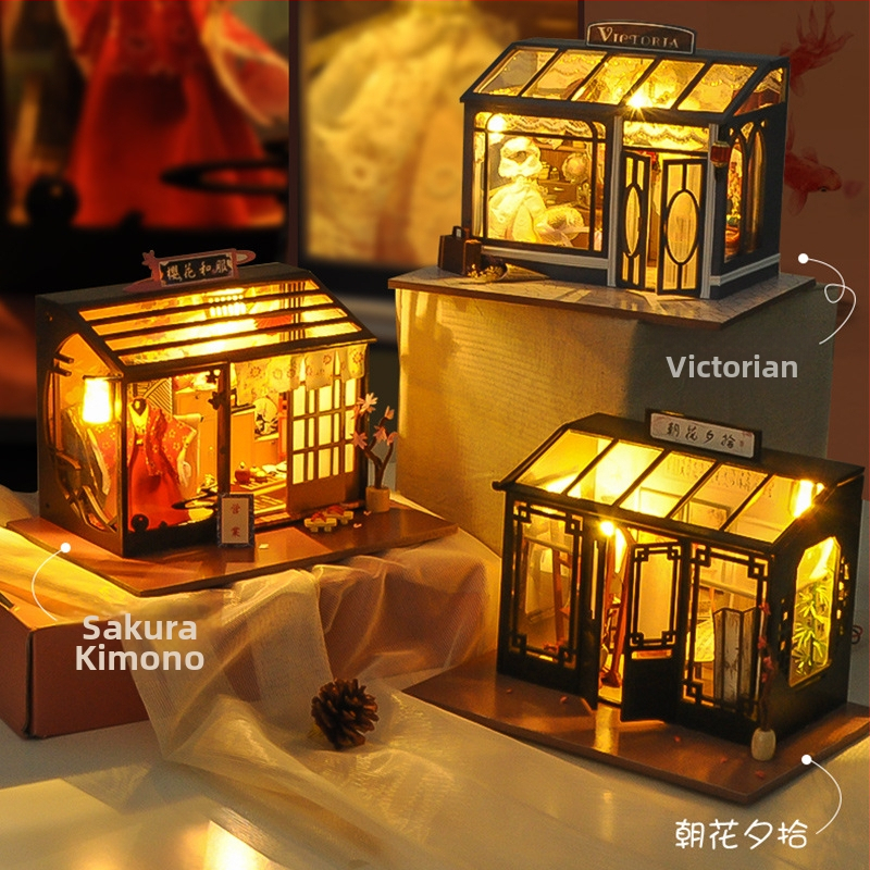 Japonského štýlu DIY mini domček: ulica s obchodom s potravinami, ručne zostavený model, kreatívny darčekový doplnok