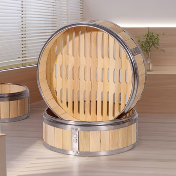 Бамбукова пароварка за дим сум с ръб от неръждаема стомана, пароварна тава за кантонски дим сум, професионално за ресторанти