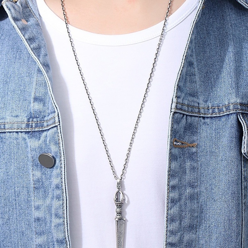 S925 srebrni privjesak Vajra na lancu, dugi vintage stil, talisman zaštite za muškarce i žene