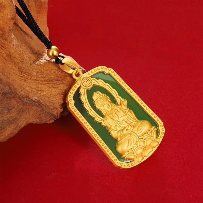 Unisex privjesak za ogrlicu Guanyin Bodhisattva s imitacijom jadea, zlatno-zelene boje