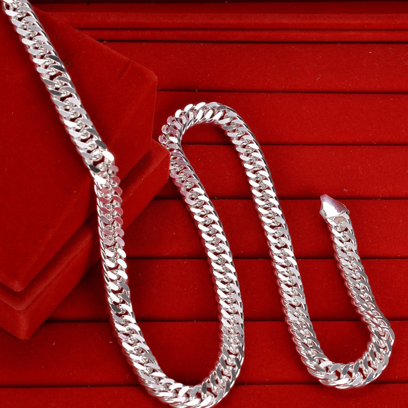 Muški lanac srebrenog premazom, plosnati lanac tipa horsewhip, kubanski hip-hop stil, U oblik, 10 mm širine, 51–60 cm, unisex