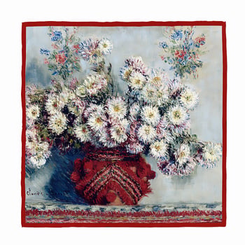 53 cm široki ženski kvadratni šal od umjetne svile, Monet-inspirirana serija uljnih slika, motiv bijela krizantema
