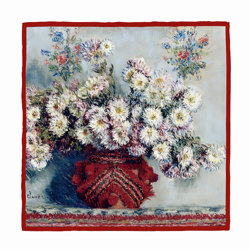 53 cm široki ženski kvadratni šal od umjetne svile, Monet-inspirirana serija uljnih slika, motiv bijela krizantema