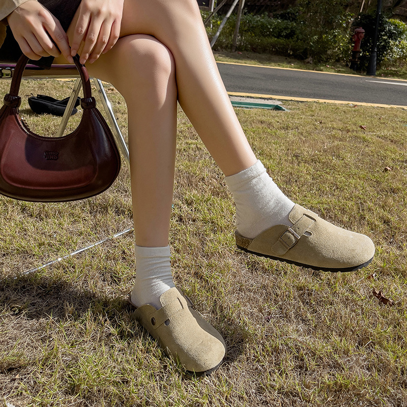 Női Birkenstock-stílusú slip-on cipő valódi marhabőrből, vastag talppal, zárt orral, tavasz–ősz használatra, 2025-ös modell