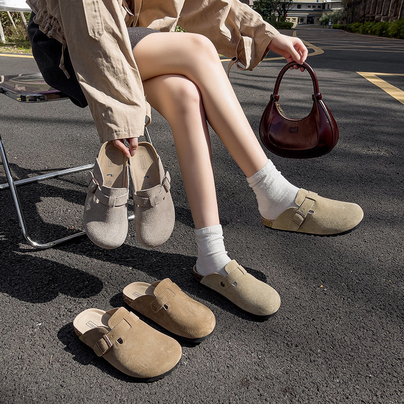 Női Birkenstock-stílusú slip-on cipő valódi marhabőrből, vastag talppal, zárt orral, tavasz–ősz használatra, 2025-ös modell