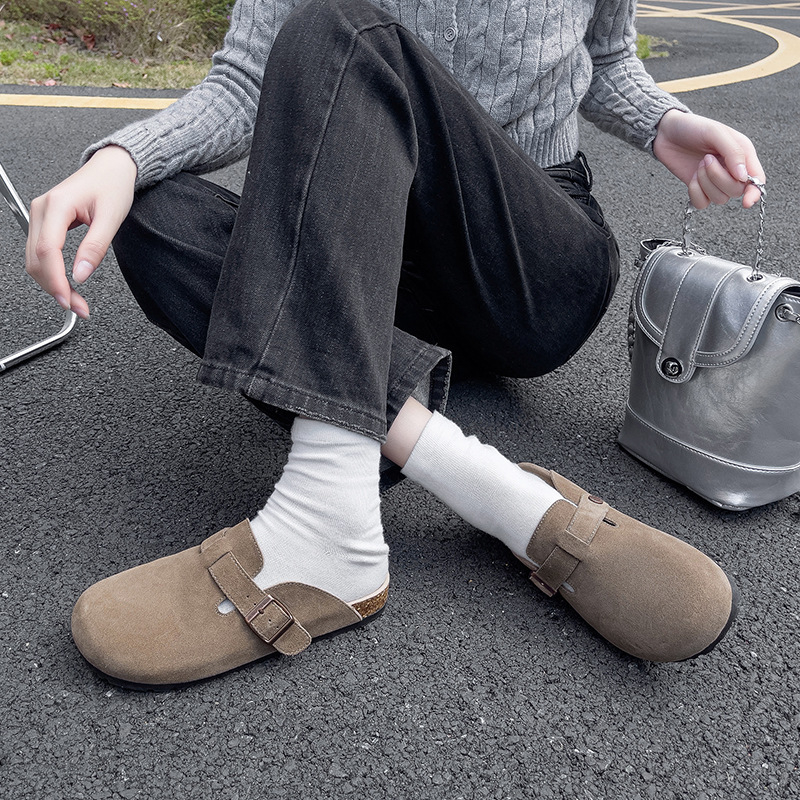 Női Birkenstock-stílusú slip-on cipő valódi marhabőrből, vastag talppal, zárt orral, tavasz–ősz használatra, 2025-ös modell