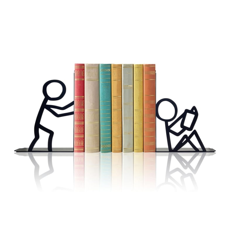 Железен арт държач за книги с фигура stickman – абстрактни линии, вертикален държач за книги за спалня и бюро