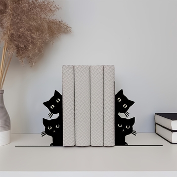 Държач за книги с черна котка в любопитна поза, карикатурен десктоп органайзер и декоративна поставка за бюро