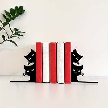 Държач за книги с черна котка в любопитна поза, карикатурен десктоп органайзер и декоративна поставка за бюро