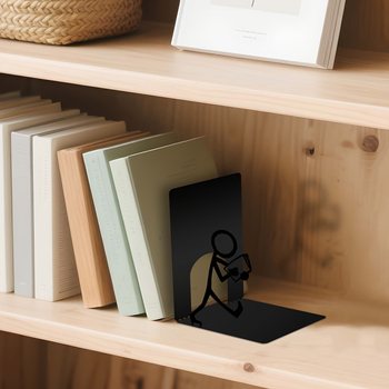 Държач за книги с фигура stickman, черно-бял минималистичен дизайн за домашен офис