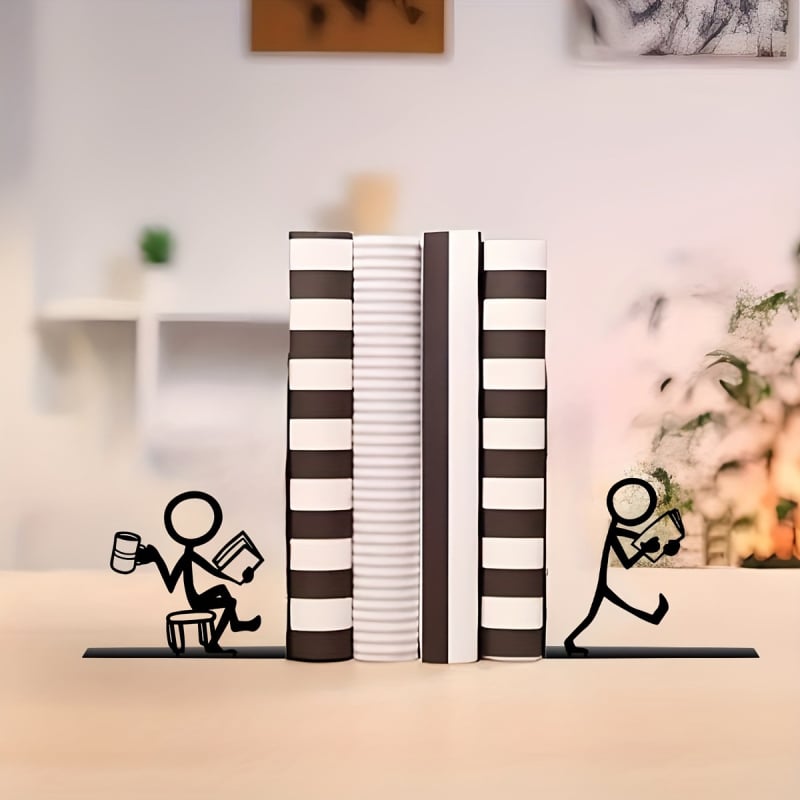 Държач за книги с фигура stickman, черно-бял минималистичен дизайн за домашен офис