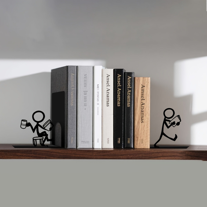 Държач за книги с фигура stickman, черно-бял минималистичен дизайн за домашен офис