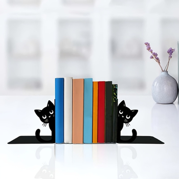 Метален стопер за книги с черна котка, симпатичен карикатурен дизайн за бюро и организатор за рафтове