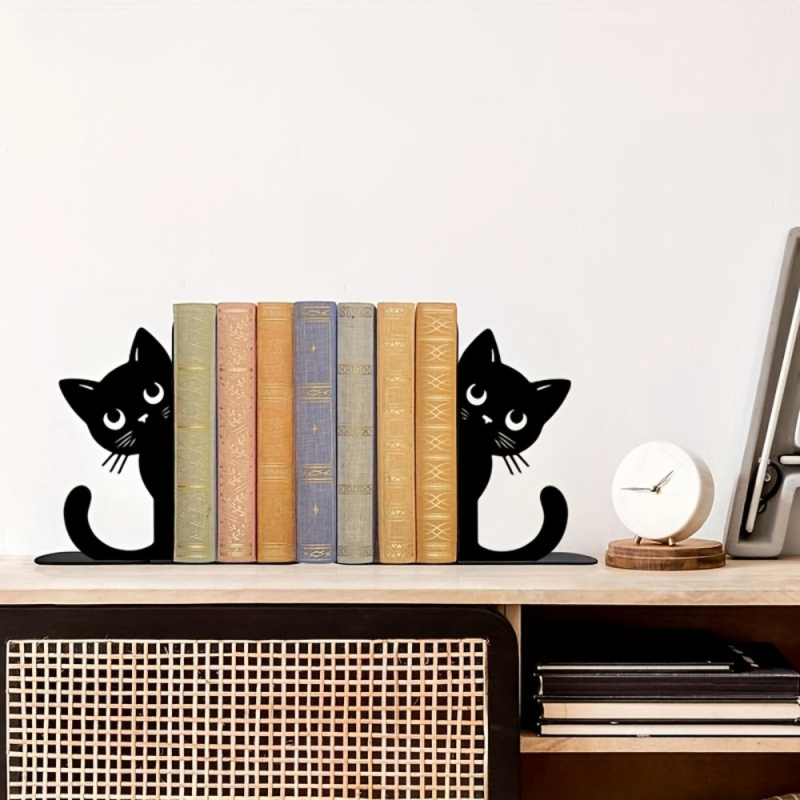 Метален стопер за книги с черна котка, симпатичен карикатурен дизайн за бюро и организатор за рафтове