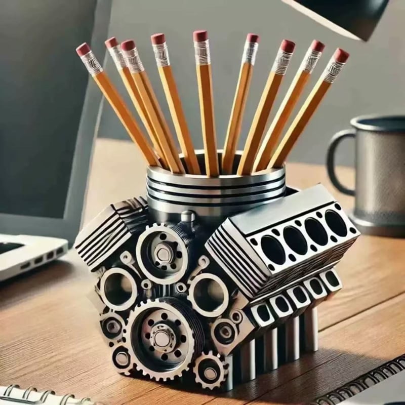 V8 двигател държач за писалки и настолен органайзер от смола, индустриален стил