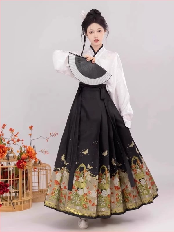 Hanfu set s florálnym vzorom sukně, styl Butterfly-Love Flower, na každodenné nosenie.