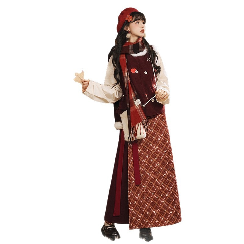 Luozhu Mengzhidao Hanfu ženski top s okruglim izrezom i stojećim ovratnikom, uz suknju, debeli jesensko-zimski stil, geometrijski vez