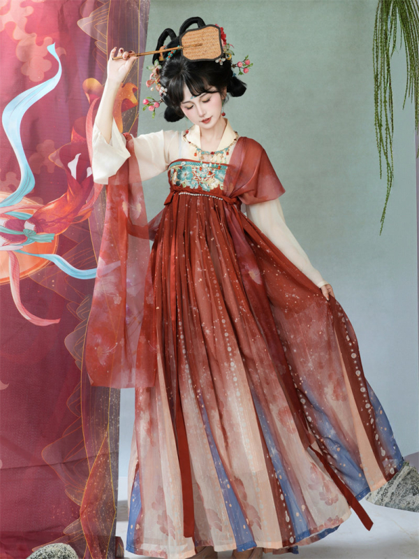 Ženski Hanfu set, gornji dio do prsa i suknja, inspirirano Tang dinastijom, kineski stil, poliester, 2026 proljeće-ljeto.