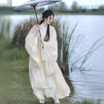 Ženski Hanfu, eteričan dvodijelni komplet s dugim širokim rukavima i ravnim rubom, Wei Jin stil, inspiriran Južnim i Sjevernim dinastijama