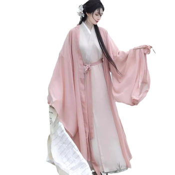 Ženski Hanfu, eteričan dvodijelni komplet s dugim širokim rukavima i ravnim rubom, Wei Jin stil, inspiriran Južnim i Sjevernim dinastijama