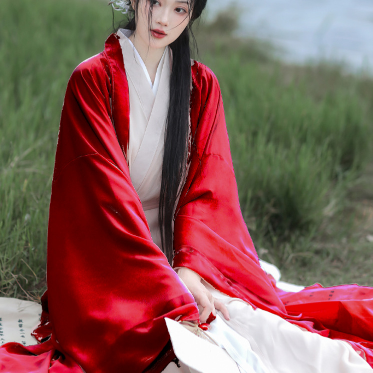 Ženski Hanfu, eteričan dvodijelni komplet s dugim širokim rukavima i ravnim rubom, Wei Jin stil, inspiriran Južnim i Sjevernim dinastijama
