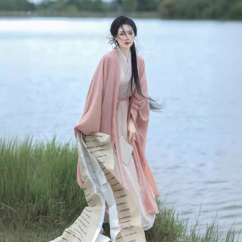Ženski Hanfu, eteričan dvodijelni komplet s dugim širokim rukavima i ravnim rubom, Wei Jin stil, inspiriran Južnim i Sjevernim dinastijama
