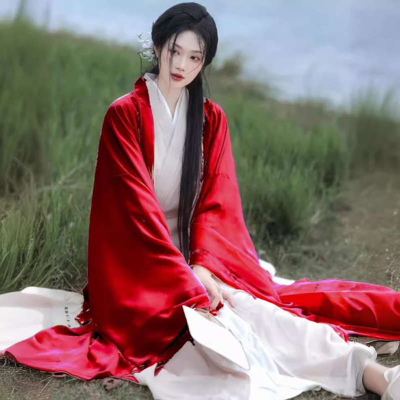 Ženski Hanfu, eteričan dvodijelni komplet s dugim širokim rukavima i ravnim rubom, Wei Jin stil, inspiriran Južnim i Sjevernim dinastijama