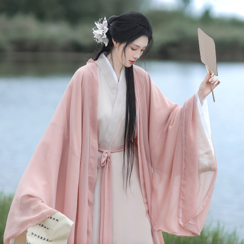 Ženski Hanfu, eteričan dvodijelni komplet s dugim širokim rukavima i ravnim rubom, Wei Jin stil, inspiriran Južnim i Sjevernim dinastijama