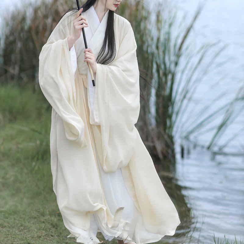 Ženski Hanfu, eteričan dvodijelni komplet s dugim širokim rukavima i ravnim rubom, Wei Jin stil, inspiriran Južnim i Sjevernim dinastijama