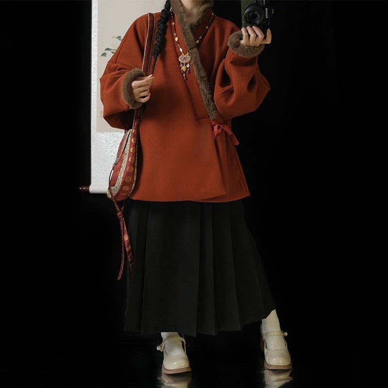 Hanfu Ming za žene s preklopnim ovratnikom, flis podstava, rukavi s lukom i dotjerana Mamian suknja, svakodnevni zimski komplet